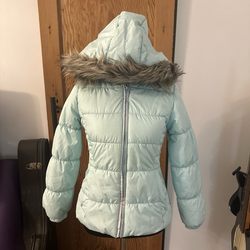 London Fog Aqua Puffer Jacket with Faux Fur Trim